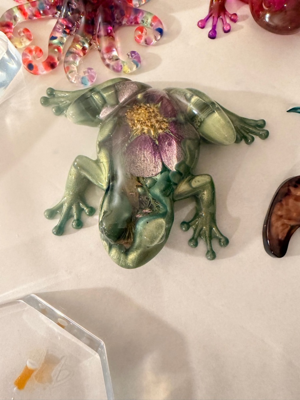 Green Decorative Frog Figurine with Floral Inlay